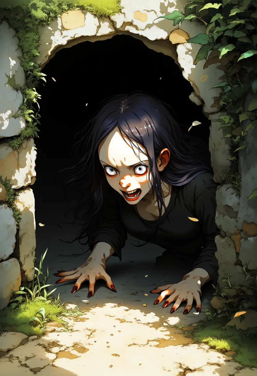digital illustration, a witch, thin pale Japanese, long thin disheveled hair falling on her face, claws on the tips of her fingers, crawls out of a hole in a wall, heading towards us on all fours screaming. moss on the wall, terrifying atmosphere, halloween, sharp teeth, like a monster, luminous eyes, complementary colors, low angle,