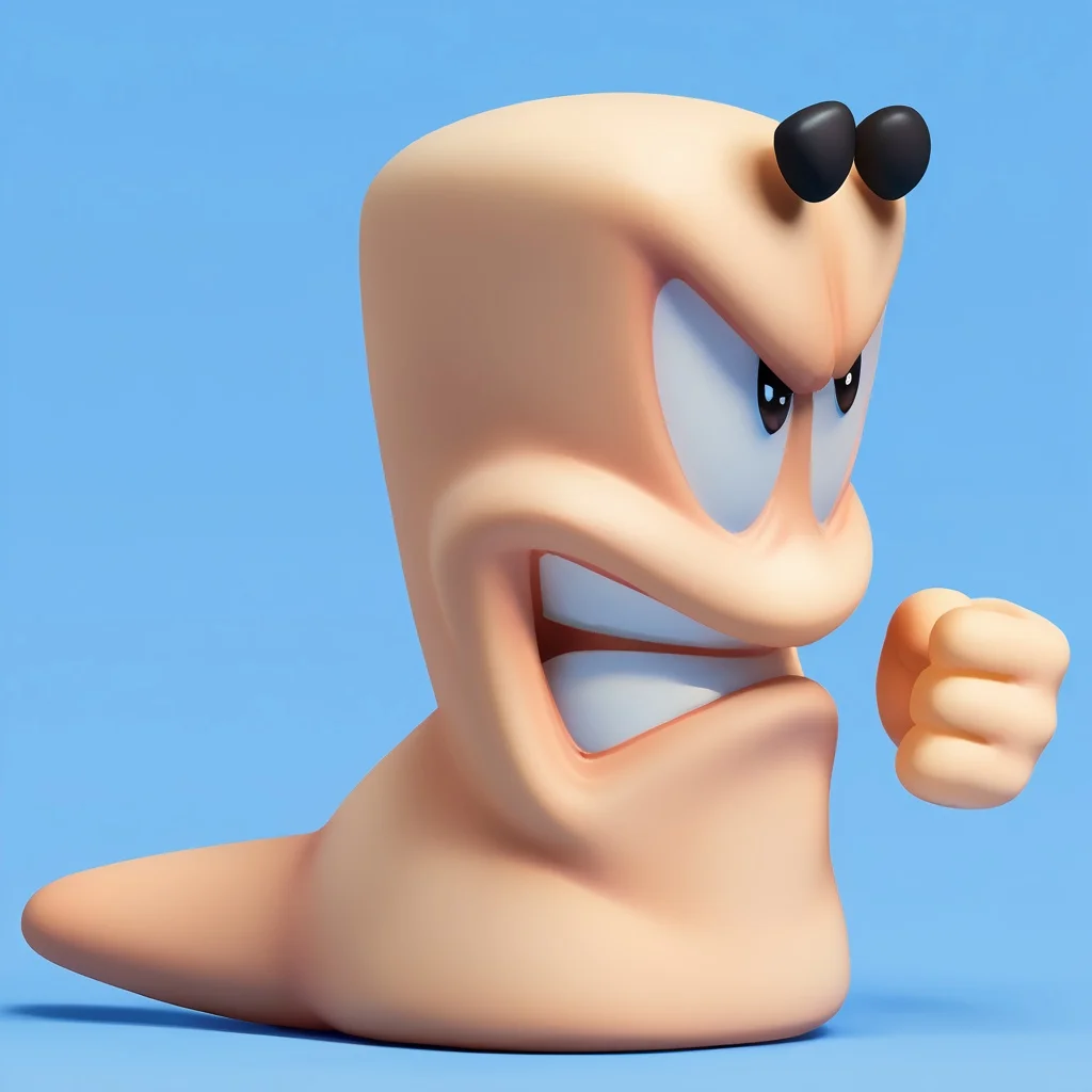 *LORA WEIGHT: 1.15* score_9, score_8_up, score_7_up, source_anime, rating_safe, wormsteam17, wormrender, worm, animal focus, solo, side view, 2 floating black eyebrows, angry, frown, clenched teeth, worm tail, shadow, simple background, blue background