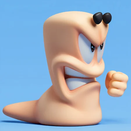 *LORA WEIGHT: 1.15* score_9, score_8_up, score_7_up, source_anime, rating_safe, wormsteam17, wormrender, worm, animal focus, solo, side view, 2 floating black eyebrows, angry, frown, clenched teeth, worm tail, shadow, simple background, blue background