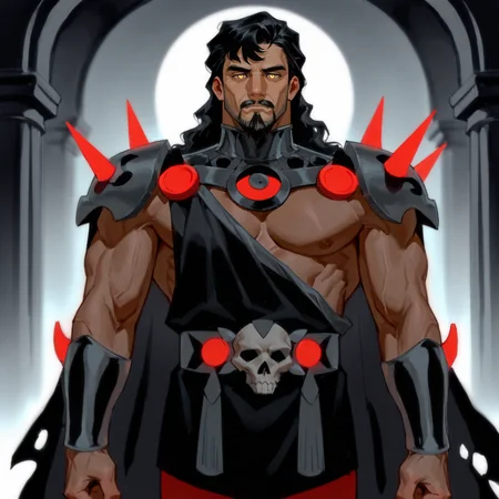 <lora:Hades__DCAU_DC_Comics:.7>, (Hades, Long hair, black hair, dark eyes, goatee, mustache, dark skin, black cape, ripped cape, shoulder spikes, bracer spikes,,) 
(looking at the viewer, cowboy shot)
(very short hair, beard, bara, mature, facial hair, stubble, beard, full beard, sideburn, beard, a lot of beard, ), facial hair,male focus, muscular male, muscular male, bara, mature,  bara, mature, aixiwuganda_(20222192), very awa, masterpiece, best quality, absurdres, newest, perfect quality, detailed background, intricate details,
<lora:slider_Body Type_alpha1.0_rank4_noxattn_last:3><lora:Anime Summer Days 2 Style SDXL_LoRA_Pony Diffusion V6 XL:.6><lora:slider_cfg_scale_boost:.7><lora:Artist6p:.55>, Artist6p, Artist04p,<lora:slider_il_brightness_slider_d1:-1><lora:slider_il_contrast_slider_d1:-1><lora:slider_DarkSlider1.2_alpha1.0_rank16_full_300steps:-.6>