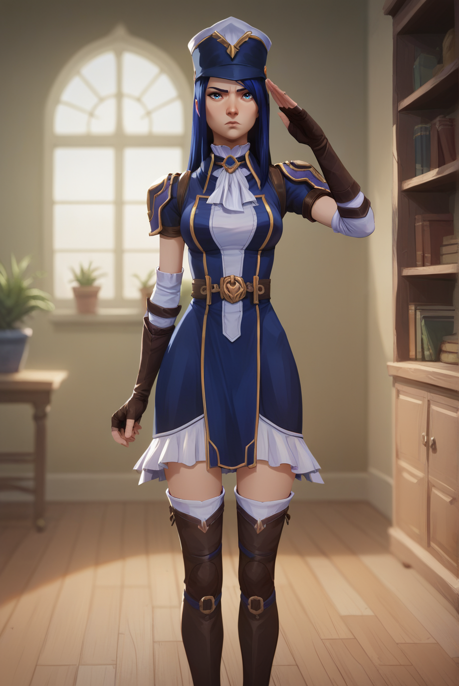 score_9, score_8_up, score_7_up, score_6_up, score_5_up, score_4_up, BREAK source_anime, 1girl, solo,
<lora:ArcaneCaitlynXL-v3-07:0.7>, ChopioCaitlyn, blue hair, shiny hair, blue eyes, looking at viewer,
medium breasts,
long hair, straight hair,
outfit_1, white ascot, brooch, blue dress, shoulder armor, short sleeves, elbow gloves, fingerless gloves, brown belt, frilled dress, thigh boots, brown footwear, hat, blue headwear,
indoors, bookshelf, window, potted plant, wooden floor, standing, serious, cowboy shot, closed mouth, salute,