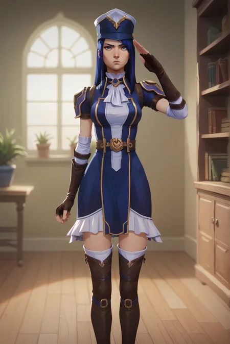 score_9, score_8_up, score_7_up, score_6_up, score_5_up, score_4_up, BREAK source_anime, 1girl, solo,
<lora:ArcaneCaitlynXL-v3-07:0.7>, ChopioCaitlyn, blue hair, shiny hair, blue eyes, looking at viewer,
medium breasts,
long hair, straight hair,
outfit_1, white ascot, brooch, blue dress, shoulder armor, short sleeves, elbow gloves, fingerless gloves, brown belt, frilled dress, thigh boots, brown footwear, hat, blue headwear,
indoors, bookshelf, window, potted plant, wooden floor, standing, serious, cowboy shot, closed mouth, salute,
