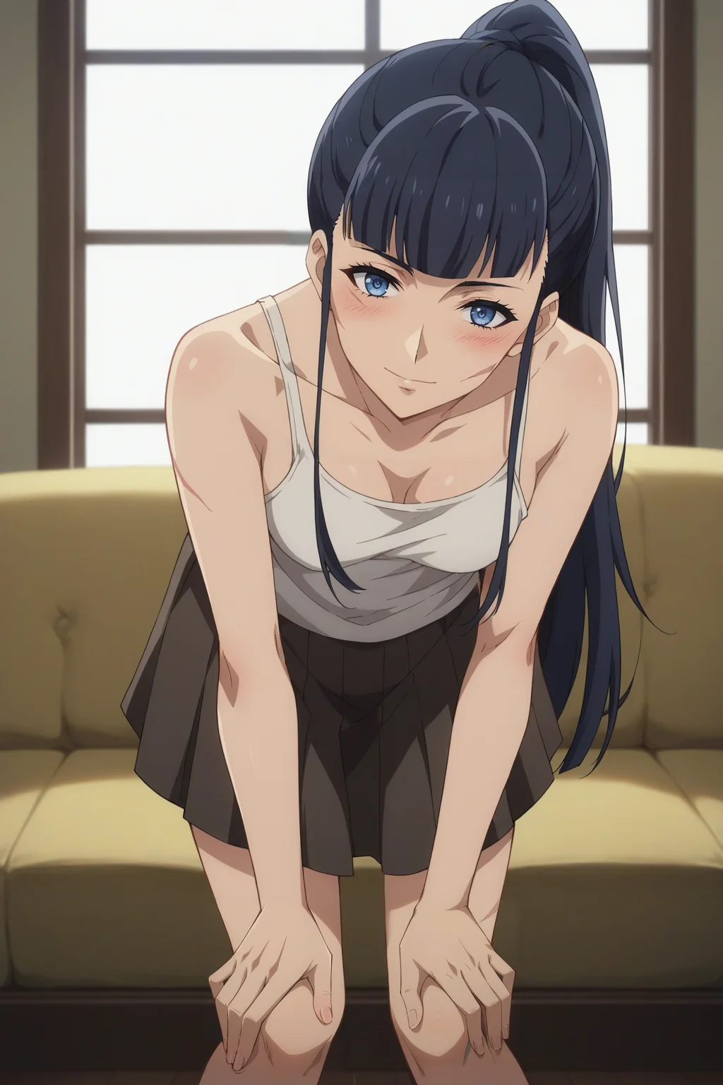 score_9, score_8_up, score_7_up, source_anime, 1girl, prefect lighting, very aesthetic, intricate details, highly detailed background, masterpiece, high quality, prefect hands, best quality, solo,
<lora:Rose_Nier_V1:.85>, KJOrose, black hair, blue eyes, blunt bangs, scar on face, sidelocks, long hair, ponytail,
white tank top, black pleated skirt, bare shoulders,
standing, leaning forward, extended downblouse, downblouse, hands on knees, smile, blush, head tilt,
living room, couch, TV, window, sunny, good lighting,
(Beautiful, medium Breasts:1.2), natural breasts,
