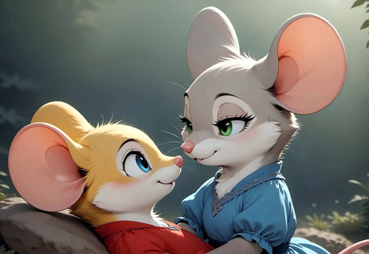 safe_pos, score_9, score_8_up, score_7_up, score_6_up, score_5_up, score_4_up, (duo:1), m0use_goldie, (cute:1.7), romantic, (seductive look, looking at another:2.2), forest, outdoors, hugging, (lying on person:2), (upper body shot:1.5), (chibi:0.2),
BREAK
(feral, mouse, female, (blue eyes), yellow fur, yellow ears, short red dress),
BREAK
(feral, mouse, female, green eyes, grey fur, grey ears, short blue dress, laugh),