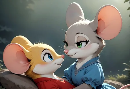 safe_pos, score_9, score_8_up, score_7_up, score_6_up, score_5_up, score_4_up, (duo:1), m0use_goldie, (cute:1.7), romantic, (seductive look, looking at another:2.2), forest, outdoors, hugging, (lying on person:2), (upper body shot:1.5), (chibi:0.2),
BREAK
(feral, mouse, female, (blue eyes), yellow fur, yellow ears, short red dress),
BREAK
(feral, mouse, female, green eyes, grey fur, grey ears, short blue dress, laugh),