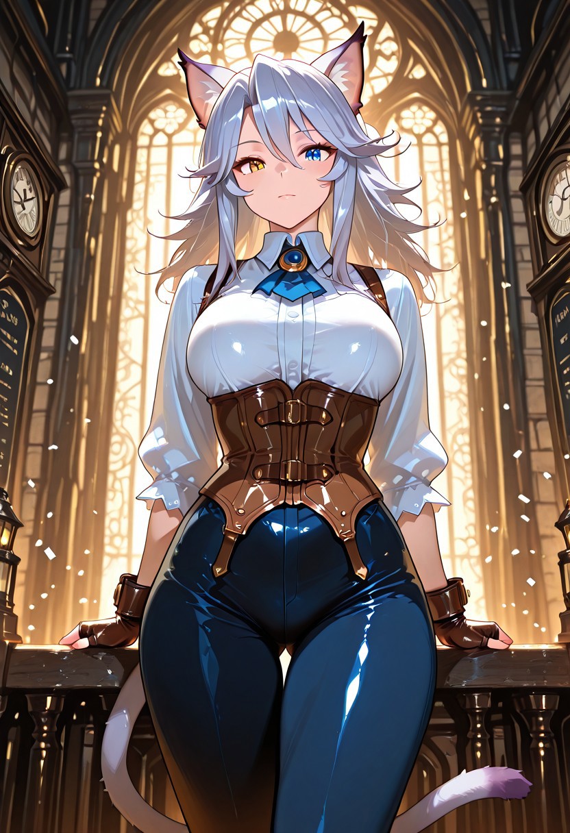masterpiece, best quality, amazing quality, very aesthetic, absurdres, newest, bright, background, masterpiece, best quality, amazing quality, very aesthetic, volumetric lighting, BREAK ambient occlusion, intricate background, low lighting, rim light, (beautiful face), BREAK masterpiece, highly detailed,1girl, beautiful eyes, big eyes, detailed eyes, detailed pupils, perfect body, BREAK, anthro, furry, fur, catgirl, a felineko girl in steampunk industrial fantasy clothe look a clocktower form a street point of view balcony, silver hair, heterochromia eyes, yellow& bleu iris eyes, steampunk town, clock tower in city background, industrial clothe, corset, leather fingerless glove, pant, furry girl, mature female, adult, adult torso, little tail bronx, tail concerto, solatorobo, fuga melody of steel, feast day, confetti, banner, flying island in sky, fantasy \(theme\),