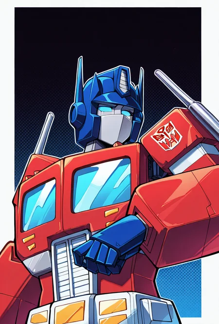 looking at viewer, expressive, posing, , <lora:optimus-07:1> optimus, robot, mecha, autobot,, masterpiece, best quality, amazing quality, very aesthetic, absurdres, newest,, upper body, halftone effect, white borders, abstract background:1.2,