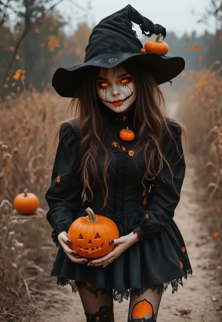 by Ian McQue and Sam Spratt,  Magical Autumn, <lora:EnvyStudioPortraitXL01:0.35> , portrait of  leu_hanna2, 25 yo, HALLOWEEN, halloween costume, she is a witch. 
The witch is wearing a black pointed hat with a wide brim and a black dress with a high neckline. She has long dark hair that is styled in loose curls and is holding a small orange pumpkin in her hand. She is wearing high heels and has a mischievous expression on her face