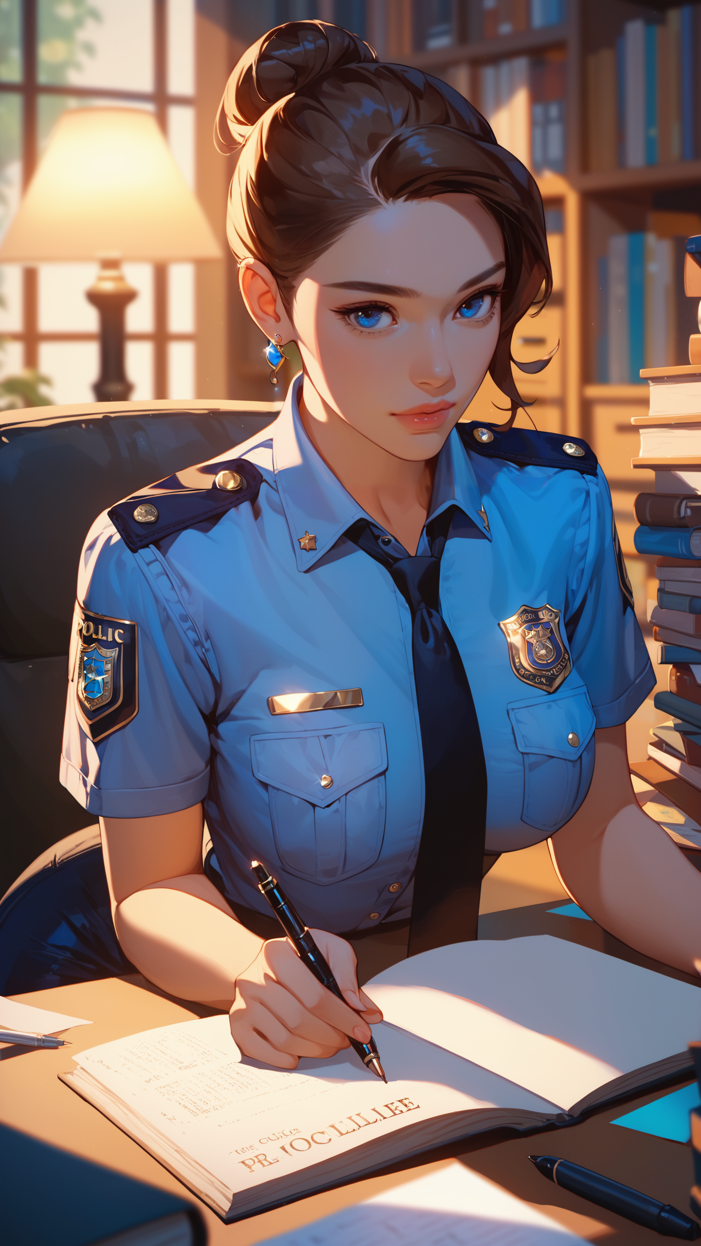 score_9, score_8_up, score_7_up, 1girl, solo, blue eyes, brown hair, jewelry, sitting, earrings, necktie, indoors, hair bun, blurry, uniform, lips, book, blurry background, single hair bun, paper, bookshelf, pen, lamp, police, police uniform, policewoman, writing