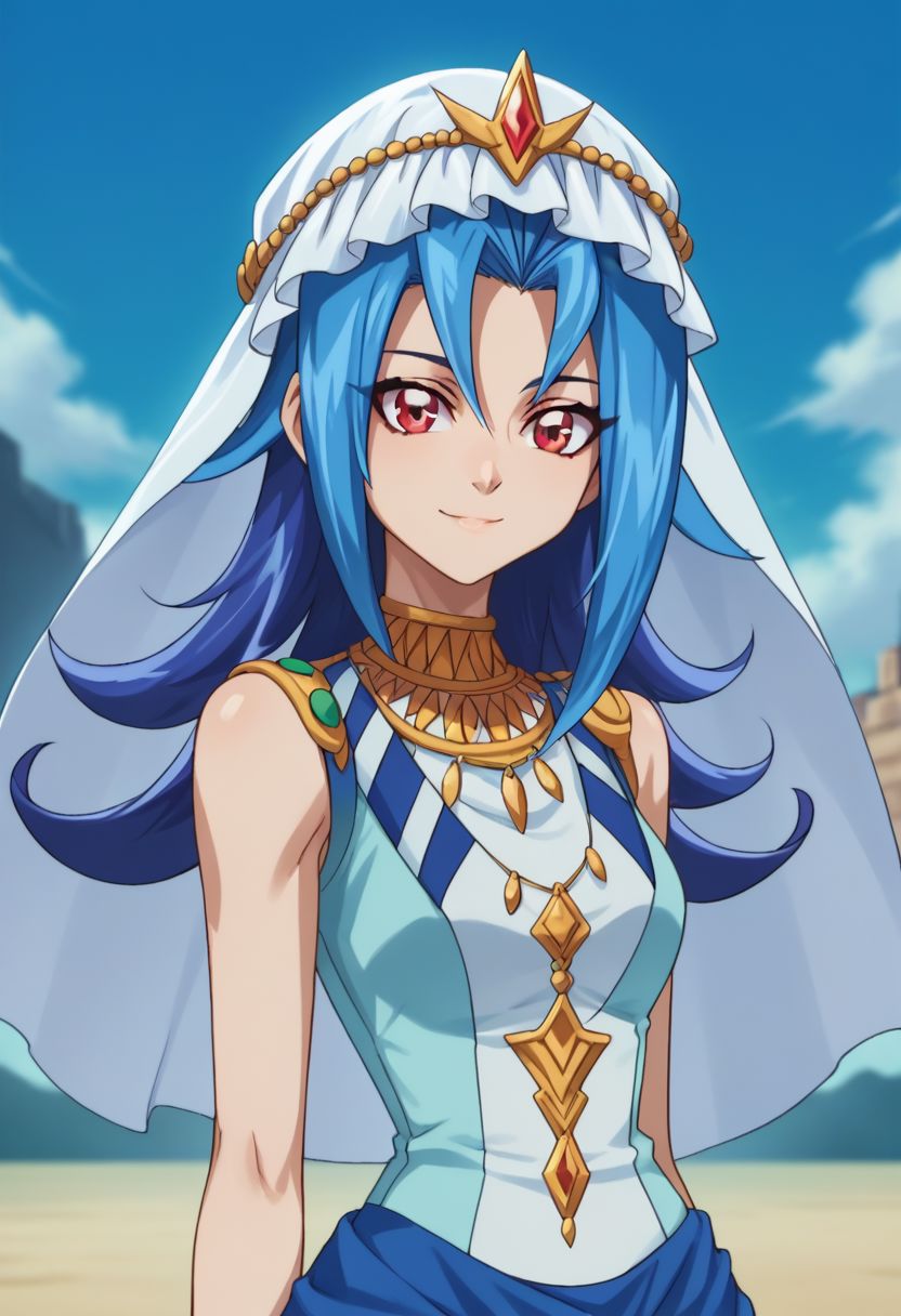 score_9, score_8_up, score_7_up, source_anime, highly detailed, 
rio, 1girl, solo, blue hair, long hair, red eyes, jewelry, smile, looking at viewer, veil, necklace, vest, multicolored hair, dyed bangs,
outdoor,