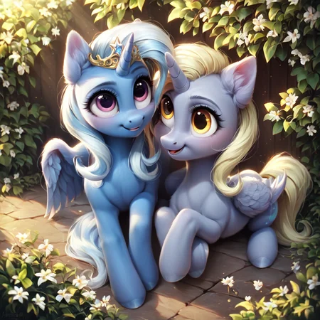 <lora:Pony_MLP_v1.5:1>2pony,derpy hooves,trixie,<lora:1dk:1>,huge filesize,score_9,score_8_up,score_7_up,score_6_up,score_5_up,score_4_up,rating_safe,((cute, little, furry pony, fur)),(high quality, detailed, beautiful),bright and adorable face,beautiful detailed eyes,tiara,sunlight,realistic,outstanding,shading,detailed soft lighting,ear fluff,vintage film photography,it's flying,4k,full body,