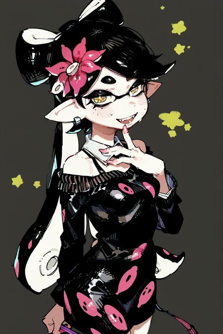 score_9, score_8_up, score_7_up, callie \(splatoon\), squid girl, symbol-shaped_pupils , multicolored_hair , black hair ,, solo, solo focus, cowboy shot, simple background, Standing with one hand on the chest, looking proud, <lora:karasu_raven:1.5>,âââ