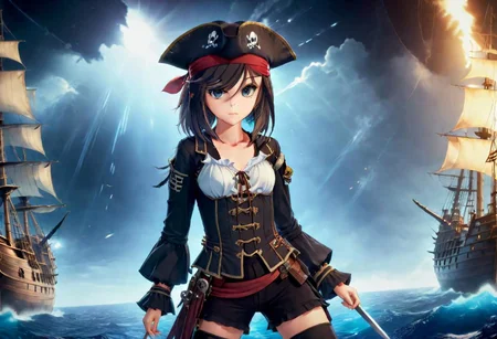 1girl,cute and beautiful face, full body, fighting stance,practical pirate attire, (long-sleeved pirate blouse),pirate hat, looking at viewer, fantasy,(pirate ship),realistic lighting,masterpiece,sword in hand,photograph <lora:Maya_Makinami:1>