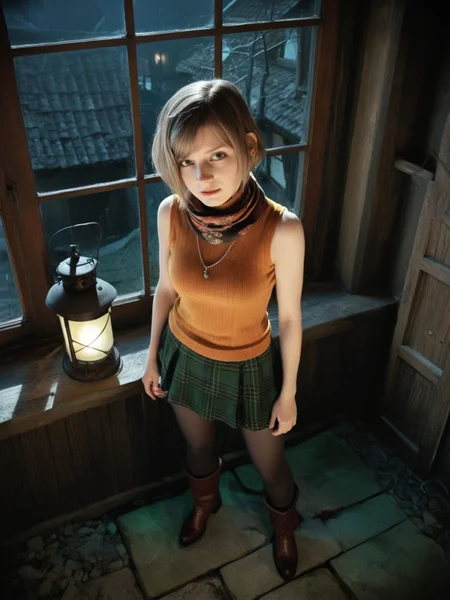 realistic,photo,sleeveless turtleneck,cinematic,
<lora:Ella_Freya_v1_biglust:1>(ellfrya:1.2),adult,(ashl hair:1.2),scarf,black (pantyhose:1.2),long brown boots,green skirt,
none,night,inside,village outside window,holding small vintage lantern,from above,standing pose,
mystical,dystopian,horror \(theme\),resident evil 4 \(remake\), best quality,