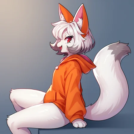 <lora:Robonya-PONY:0.8> robonya, furry, white body, red eyes, feline, cat, female, sitting, side profile, looking to the side, looking at viewer, fox costume, fox outfit, fursuit, open mouth, happy, fake fox ears, fake fox tail, orange outfit, score_9, score_8_up
