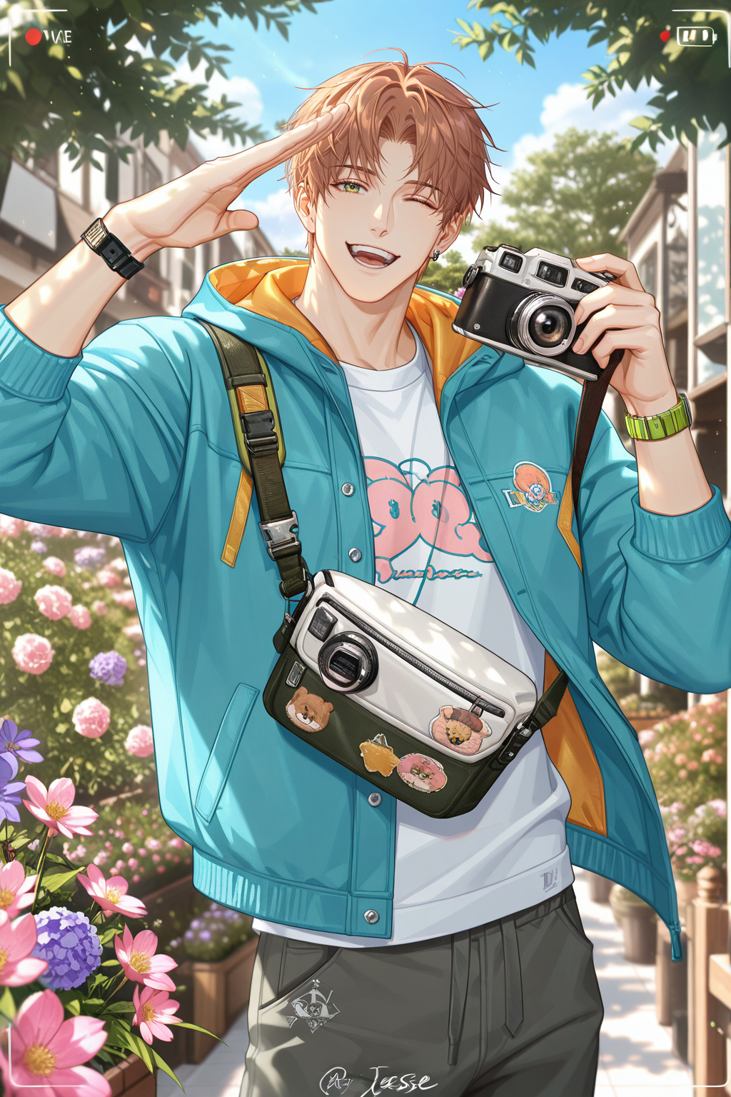 <lora:jesse-IL:0.8>,jesse, short hair, green eyes, shirt, jewelry, male focus, pants, earrings, holding, jacket, white shirt, looking at viewer, smile, outdoors, blurry, open mouth, watch, hood, flower, wristwatch, teeth, one eye closed, cowboy shot, day, parted bangs, hand up, camera, holding camera, salute, pink flower, purple flower, 1boy, green hair, solo,bara,male focus,very awa,masterpiece,best quality,amazing quality,nsfw,uncersored,highres,best quality,amazing quality,best aesthetic,absurdres,
