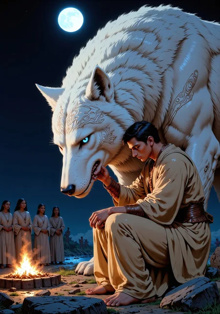 Large, majestic white wolf, stylized fantasy creature, with intricate tribal markings. Deep blue eyes and a gentle, almost serene expression. Wolf interacts with a man, approximately 20 years old. man is seated close to the wolf and touching its fur. man attire is simple, light-tan/beige, simple tunic-like garments. The wolf's fur is exceptionally detailed, with a soft, fluffy texture, a pale white color. The markings on the wolf are delicate black lines creating a tribal pattern. Night scene with a full moon in the background. Group of people in the background in light-toned attire, Native American inspired garments, gathered around a campfire. Campfire provides a warm orange-yellow light, contrasting with the cool blues and whites of the scene. Soft shadows, subtle lighting effects. Wide-shot, slightly low-angle perspective, focusing on the connection between the man and the wolf. Emotional tone is peaceful, warm, and hopeful, evoking a sense of connection and respect. Natural, tribal, and fantasy style. The image has a realistic/photographic feel in terms of the subject matter, but a fantasy element in the wolf.