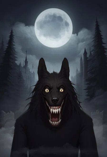 score 9, score 8, score 7, score 6, 1boy, furry male, solo, (solo focus, male focus), black fur, animal ears, yellow eyes, sharp teeth, claws, exterior, castle, night, moon, gothic, fog, forest, clouds, mist, horror,