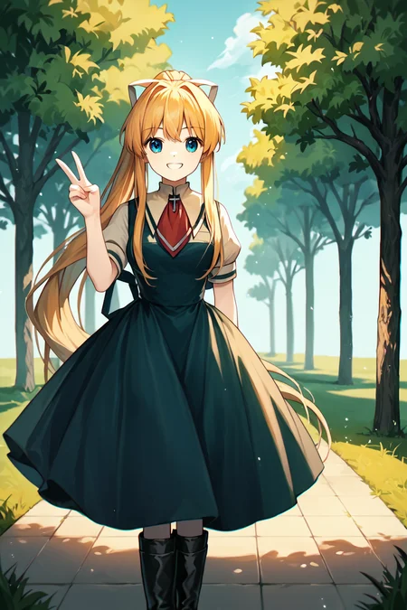 score_9, score_8_up, score_7_up, score_6_up, rating_safe, source_anime, best quality, masterpiece, detailed background, detailed eyes, park, grass, cowboy shot, cute, <lora:kamio-misuzu-xl-04:1.2>, kamio misuzu, air school dress uniform, black boots, medium breasts, long ponytail, long sidelocks, grin, v sign