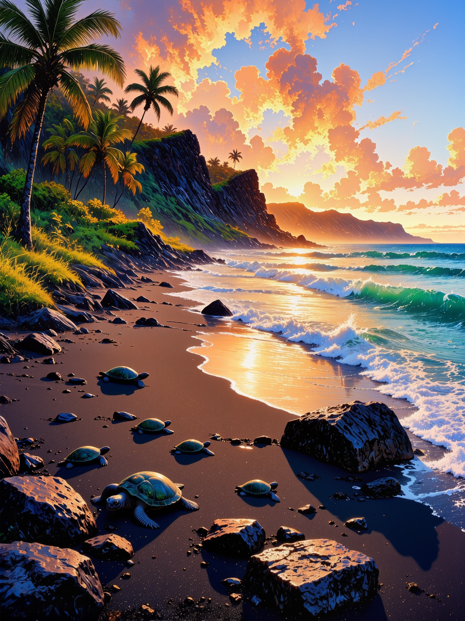 masterful oil painting on canvas, capturing the breathtaking beauty of the punalu'u black sand beach on hawaii, dramatic sky, dramatic lighting, the striking volcanic shoreline unfolds in deep, velvety black sand, contrasting vividly against the foamy turquoise waves that roll gently onto the shore, the light of the late afternoon sun bathes the scene in a warm, golden glow, casting elongated shadows across the textured sand, where intricate patterns form as the tide recedes, flecks of crushed lava rock shimmer subtly, adding depth and richness to the dark shoreline, in the foreground, smooth, water-worn volcanic rocks, glistening with moisture, are scattered along the beach, their inky black surfaces reflecting the sunlight in soft highlights, nestled among them, delicate green sea turtles bask in the warmth, their shells catching the golden light, their presence adding a serene and timeless quality to the composition, tufts of lush green vegetation frame the edges of the beach, where swaying coconut palms stand tall, their fronds catching the light in vibrant strokes of yellow-green, in the distance, the vast pacific ocean stretches toward the horizon, its surface rippling with streaks of deep blue and aquamarine, reflecting the warm hues of the sky, the background features a gently sloping coastline lined with thick tropical foliage, partially veiled in a fine mist rising from the crashing waves, above, the sky is painted in soft gradients of warm peach, coral, and lavender, as scattered, wispy clouds drift lazily, their edges illuminated by the setting sun, the composition is a harmonious blend of bold contrasts and soft, dreamy atmospherics, painted with loose, expressive brushstrokes in true impressionist style, the interplay of warm and cool tones enhances the sense of movement, capturing the ephemeral beauty of the beach at golden hour, light and shadow dance across the textured landscape, lending an ethereal quality to the scene, vibrant dabs of color bring life to the painting, from the fiery highlights on the palm fronds to the deep, rich tones of the volcanic sand, a masterful rendering of hawaiiâs raw, untamed beauty in a moment of quiet splendor, sea turtles, style of rembrandt, <lora:style-rembrandt-flux-by_tangbohu:0.88> <lora:style-vibrantly_sharp-v5-flux-by_bra2ha:0.64> <lora:image_enhancer-flux-by_dever:0.8>