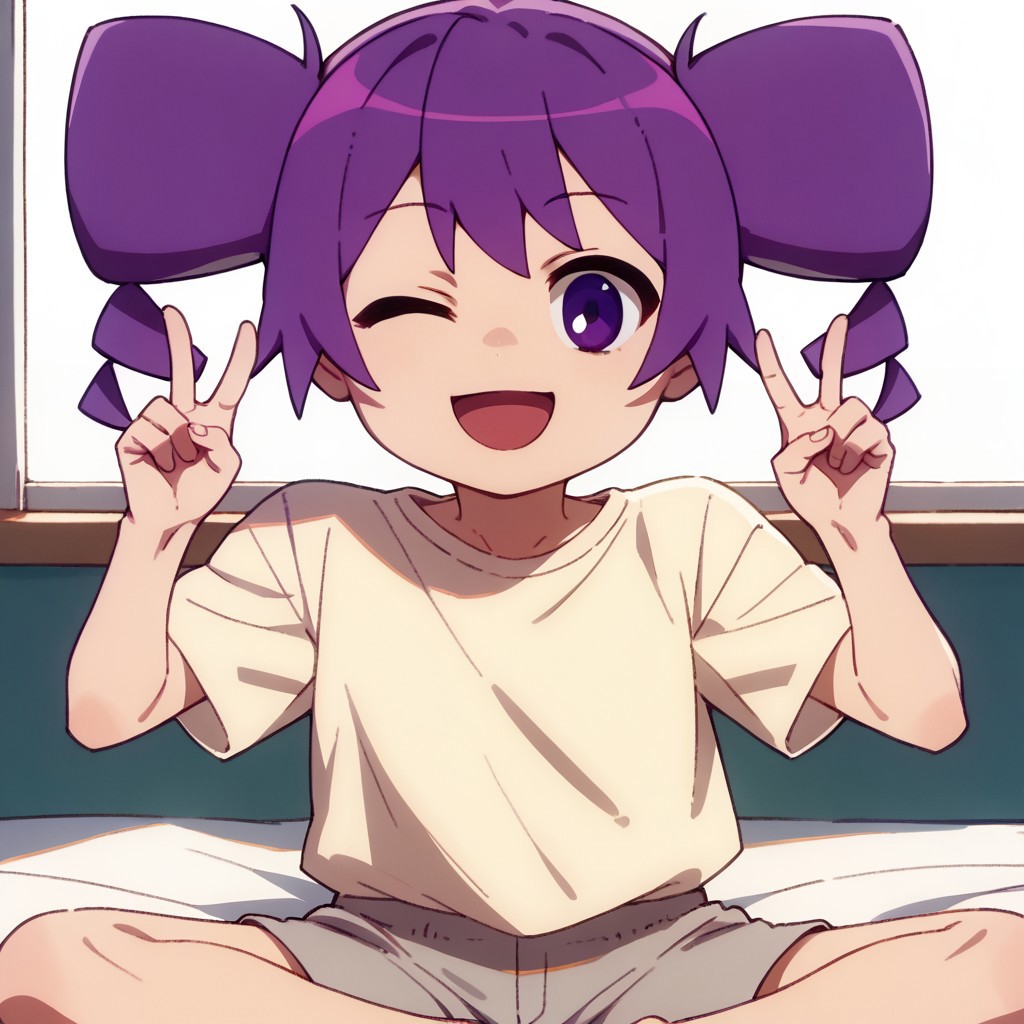 score_9, score_8_up, score_7_up BREAK Otachan, 1girl, purple hair, hair drills, purple eyes, short-sleeved light yellow shirt, gray shorts, barefoot, open mouth smile, winking at viewer, hands peace sign,