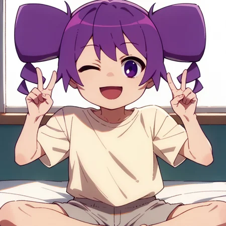 score_9, score_8_up, score_7_up BREAK Otachan, 1girl, purple hair, hair drills, purple eyes, short-sleeved light yellow shirt, gray shorts, barefoot, open mouth smile, winking at viewer, hands peace sign,