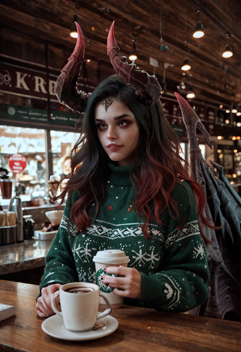 score_9, score_8_up, score_7_up Vykas demon horns demon wings ,in a coffee shop with a coffee and a xmas sweater on