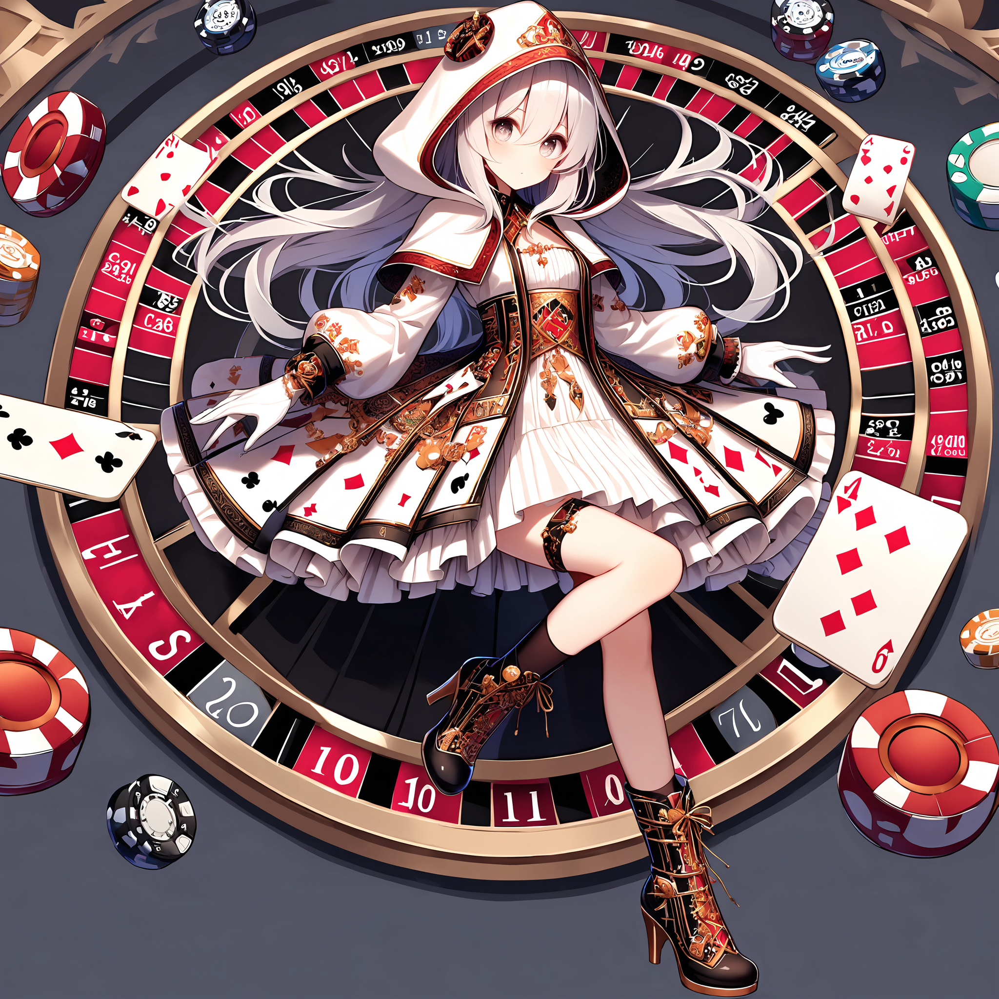 <lora:kajinoishou_xl_v1:1>, kajinoishou, 1girl, solo, gloves, long hair, casino, dices, messy background, thighhighs, white hood, white dress, white gloves, high heels, boots, long sleeves, looking at viewer, hood up, bangs, full body, hair between eyes, high heel boots, asymmetrical legwear, capelet, single thighhigh, light grey hair, blush, light grey eyes, light grey skin, black thighhighs, closed mouth, print hood, print dress, print sleeves, print leg wear, frills, <lora:Fixhands_anime_bdsqlsz_V1:1>