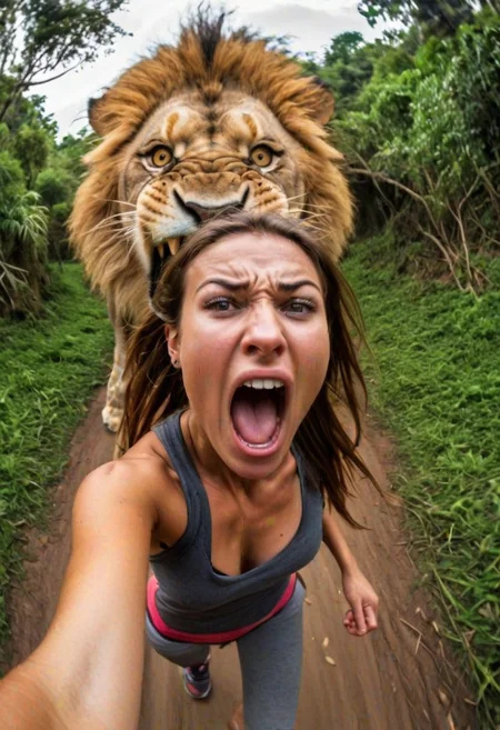 Selfie, fisheye lens, photorealistic girl traveller screaming and running : in the background, angry lion, jungle, OverallDetail