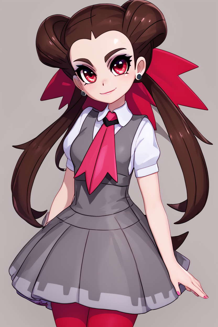score_9, score_8_up, score_8, medium breasts, (curvy), cute, eyelashes,       BREAK, , ,,,   zzRoxanne, red eyes, long hair, brown hair, twintails, hair pulled back, pantyhose, ascot, grey dress, short sleeves, ribbon, shirt, hair ribbon, <lora:Roxanne_Pokemon_PDXL:1.0>, ,,, , BREAK, smile, closed mouth, looking at viewer, cowboy shot,  ,,, embedding:zPDXL, Expressiveh, ,,, <lora:MantisStyle_PDXL_v2:0.8>, <lora:SDXLFaeTastic2400:0.5>, <lora:Expressive_H-000001:0.4>,