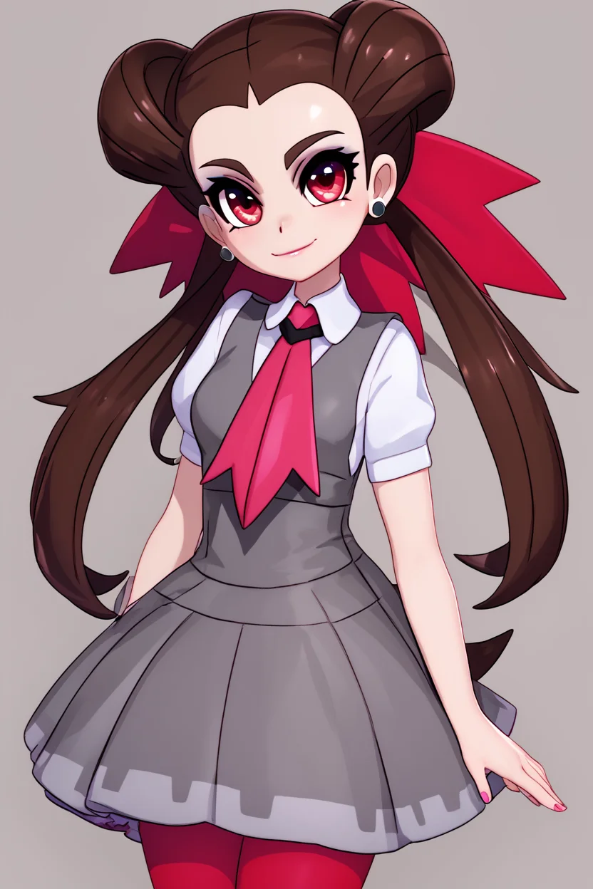 score_9, score_8_up, score_8, medium breasts, (curvy), cute, eyelashes, BREAK, , ,,, zzRoxanne, red eyes, long hair, brown hair, twintails, hair pulled back, pantyhose, ascot, grey dress, short sleeves, ribbon, shirt, hair ribbon, <lora:Roxanne_Pokemon_PDXL:1.0>, ,,, , BREAK, smile, closed mouth, looking at viewer, cowboy shot, ,,, embedding:zPDXL, Expressiveh, ,,, <lora:MantisStyle_PDXL_v2:0.8>, <lora:SDXLFaeTastic2400:0.5>, <lora:Expressive_H-000001:0.4>,