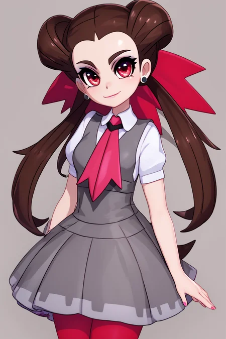 score_9, score_8_up, score_8, medium breasts, (curvy), cute, eyelashes,       BREAK, , ,,,   zzRoxanne, red eyes, long hair, brown hair, twintails, hair pulled back, pantyhose, ascot, grey dress, short sleeves, ribbon, shirt, hair ribbon, <lora:Roxanne_Pokemon_PDXL:1.0>, ,,, , BREAK, smile, closed mouth, looking at viewer, cowboy shot,  ,,, embedding:zPDXL, Expressiveh, ,,, <lora:MantisStyle_PDXL_v2:0.8>, <lora:SDXLFaeTastic2400:0.5>, <lora:Expressive_H-000001:0.4>,