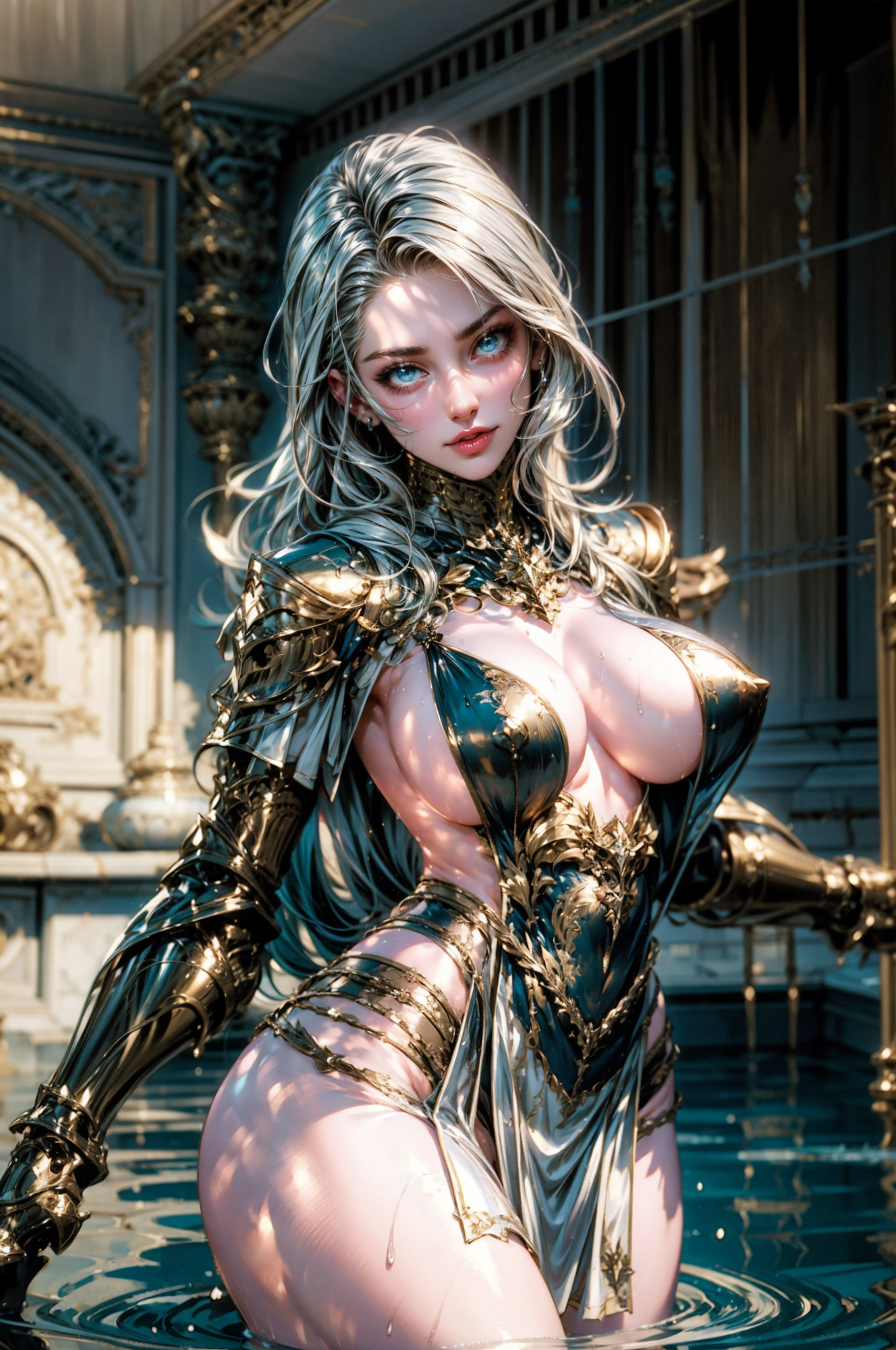 an ultrawide angle shot of a large (opulent:1.3) royal (pool), the room is covered with gold and marble decorations, A stunning woman with (long white hair) and large breasts is submerged in water up to her chest, she is soaking (wet:1.3) in LAesteemedeclipse <lora:LAesteemedeclipse:0.9>, she is flipping her (long hair) back with (water splashes), (hair flip:1.3), she is looking at the viewer seductively with blushed cheeks, (bright theme), Ultra-realistic 8k CG,masterpiece,best quality,(photorealistic:1.3), <lora:add_detail:0.5> <lora:add_sharpness:0.5>
