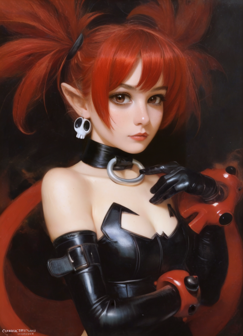score_9, score_8_up, score_7_up, best quality, masterpiece,
<lora:ph4nt0m01lXLP:1> ph4nt0m01l
upper body, looking at viewer,
 <lora:Etna:1> etnaxl, bat wings, twintails, thighhighs, elbow gloves, choker, skull earrings, miniskirt, bracelet