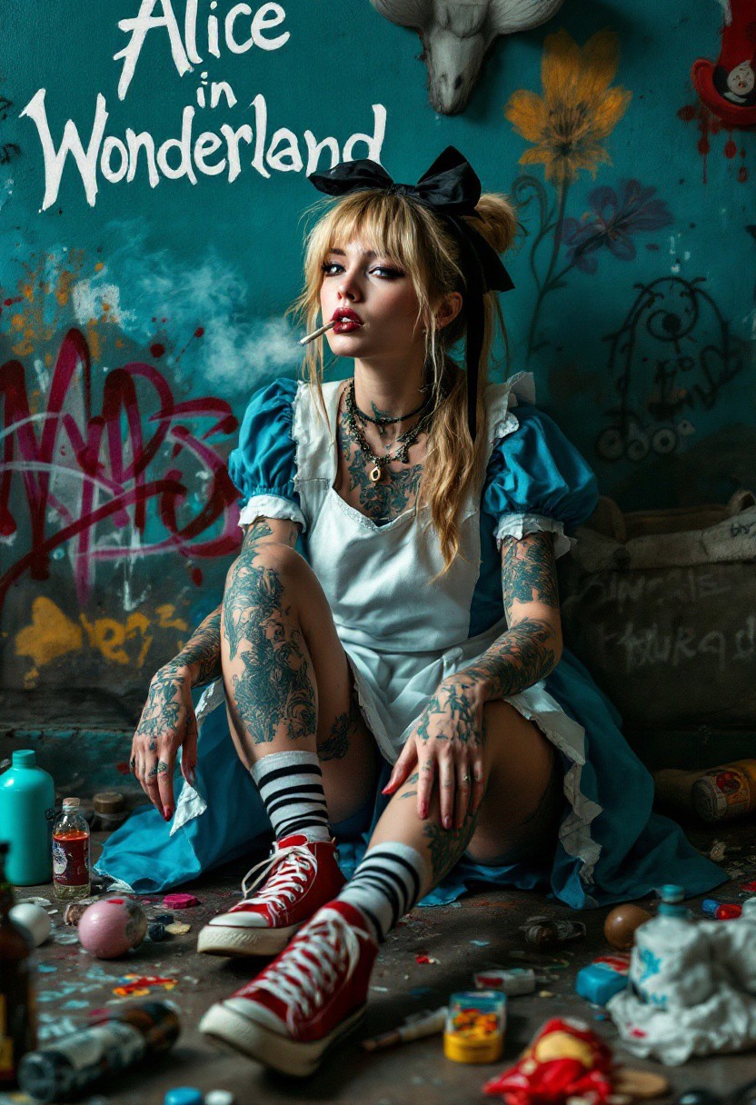 alice with tattoos, urban style, sitting on the floor against a graffiti wall that says "Alice in Wonderland", wearing blue dress with a white apron, black and white striped socks, red converse sneakers, cigarette in her mouth, black ribbon tied in a bow around her head, she is smoking, bottles and a bags, rebellious, colorful, hyper-detailed, intricate details, masterpiece, realistic, professional photoshoot