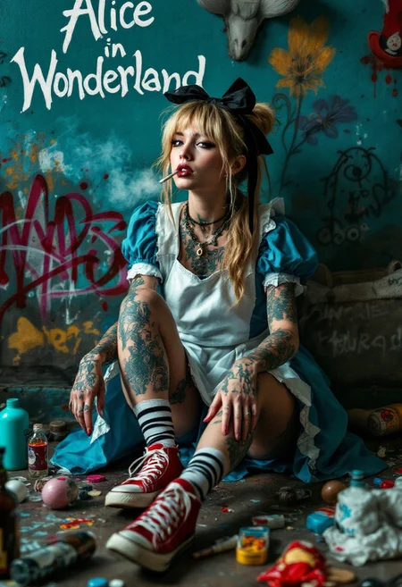 alice with tattoos, urban style, sitting on the floor against a graffiti wall that says "Alice in Wonderland", wearing blue dress with a white apron, black and white striped socks, red converse sneakers, cigarette in her mouth, black ribbon tied in a bow around her head, she is smoking, bottles and a bags, rebellious, colorful, hyper-detailed, intricate details, masterpiece, realistic, professional photoshoot