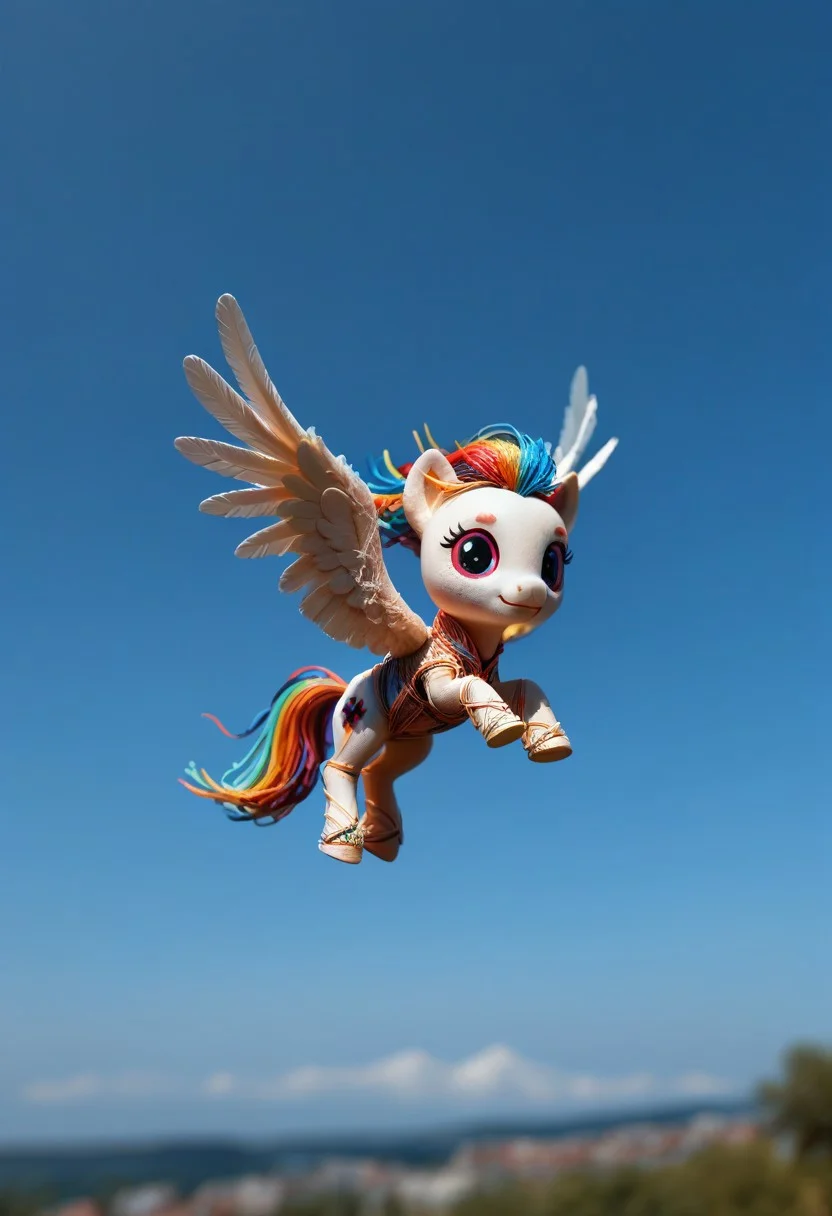 score_9, score_8_up, score_7_up, score_6_up, score_5_up, score_4_up, masterpiece, very aesthetic, absurdres, Tilt shift photography style, photo, a chibi white pegasus, floating in air, blue sky, blurry background, neon, wires, made of wires, cables, outlined with wires and neon, neon outlines, wire sculpture, neon wire sculpture,
