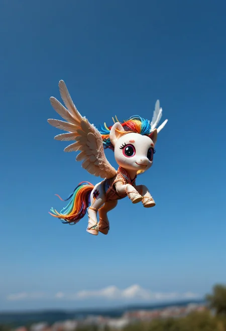 score_9, score_8_up, score_7_up, score_6_up, score_5_up, score_4_up, masterpiece, very aesthetic, absurdres, Tilt shift photography style, photo, a chibi white pegasus, floating in air, blue sky, blurry background, neon, wires, made of wires, cables, outlined with wires and neon, neon outlines, wire sculpture, neon wire sculpture,