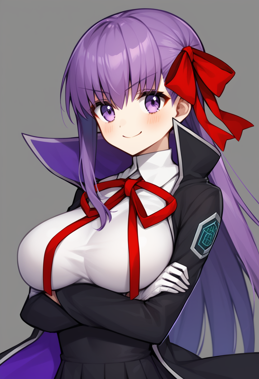 score_9,score_8_up,score_7_up,<lora:fate_extra_all:1>,1girl, bad_id, bad_twitter_id, bb_\(fate\), bb_\(fate/extra\), black_coat, blush, breasts, closed_mouth, coat, crossed_arms, gloves, grey_background, hair_between_eyes, hair_ribbon, high_collar, highres, large_breasts, long_hair, long_sleeves, looking_at_viewer, neck_ribbon, open_clothes, open_coat, popped_collar, purple_eyes, purple_hair, red_ribbon, ribbon, simple_background, smile, solo, very_long_hair, wand, white_gloves