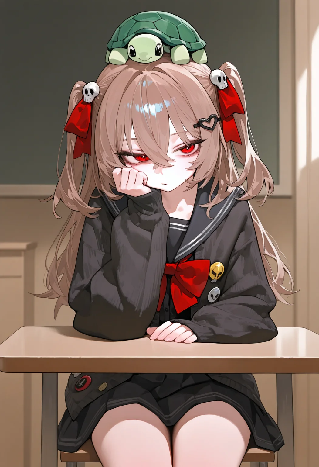 <lora:eatsleep111SDXL:0.75>, best quality, masterpiece, eatsleep1111, evil neuro-sama, 1girl, brown hair, red eyes, black serafuku, black cardigan, open cardigan, black skirt, school uniform, black heart hair ornament, red bow, red bowtie, red ribbon, hand to face, bored, sitting on chair, table, depth of field, skull hair ornament, button badge, turtle, animal on head, stuffed animal, <lora:NeuroEvilVedalNoob11:1>