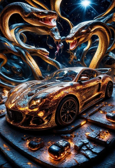 sn4k3, aidmamj6.1, mythp0rt, anime, cyberpunk, Design a surreal, futuristic car specifically crafted for snake worship. The vehicle is entirely constructed from intricately detailed snake skin, with scales that shimmer in metallic and organic tones. The car's sleek, aerodynamic shape incorporates serpentine curves, resembling a coiled snake in motion. The headlights mimic the glowing eyes of a snake, and the interior features sacred symbols and motifs related to snake worship. The overall aesthetic is otherworldly, blending advanced technology with ancient mysticism, set against a dreamlike, surreal backdrop that enhances its divine and futuristic aura.