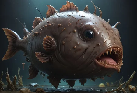 cinematic, anglerfish chonkasaurus, scifi, wet, underwater, fishes in the distance, raytracing, HD, 4k, floating energy, night, dark, flesh color, (energy effects:1.3), <lora:chonkasaurus-000003:1>, <lora:add-detail-xl:2>