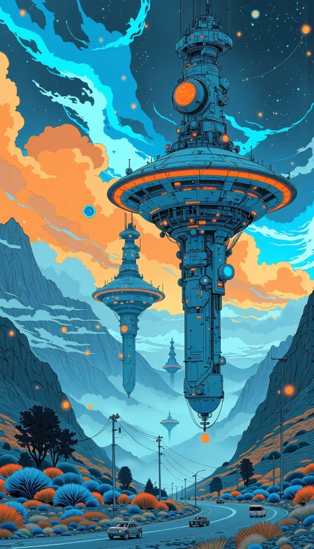 Create a stunning science fiction space scene in the "Blue Future" style, showcasing a vivid interplay of predominantly blue and orange tones. The scene features a futuristic space station majestically floating in deep space, visible from nearby planets. It is surrounded by a dramatic backdrop filled with swirling galaxies and vibrant nebulae in shades of blue and orange. The emptiness of space emphasizes the vastness and isolation of the environment, while the space station serves as a thriving hub of advanced civilizations amidst the cosmic expanse. Include exotic cosmic phenomena, such as distant planets and colorful star clusters, to enhance the otherworldly atmosphere, ensuring the color contrast captivates the viewer’s attention. aidmaimageupgrader