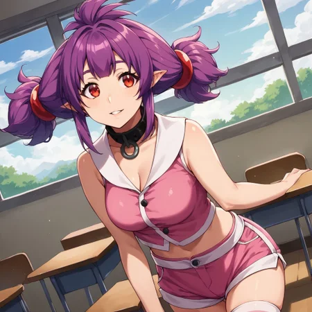 score_9, score_8_up, score_7_up, source_anime, sherry, purple hair, medium hair, twintails, red eyes, pointy ears, collar, pink shirt, pink shorts, midriff, thighhighs, cleavage, classroom, window, clear sky, clouds, smile, parted lips, looking at viewer, cowboy shot, dutch angle, solo,