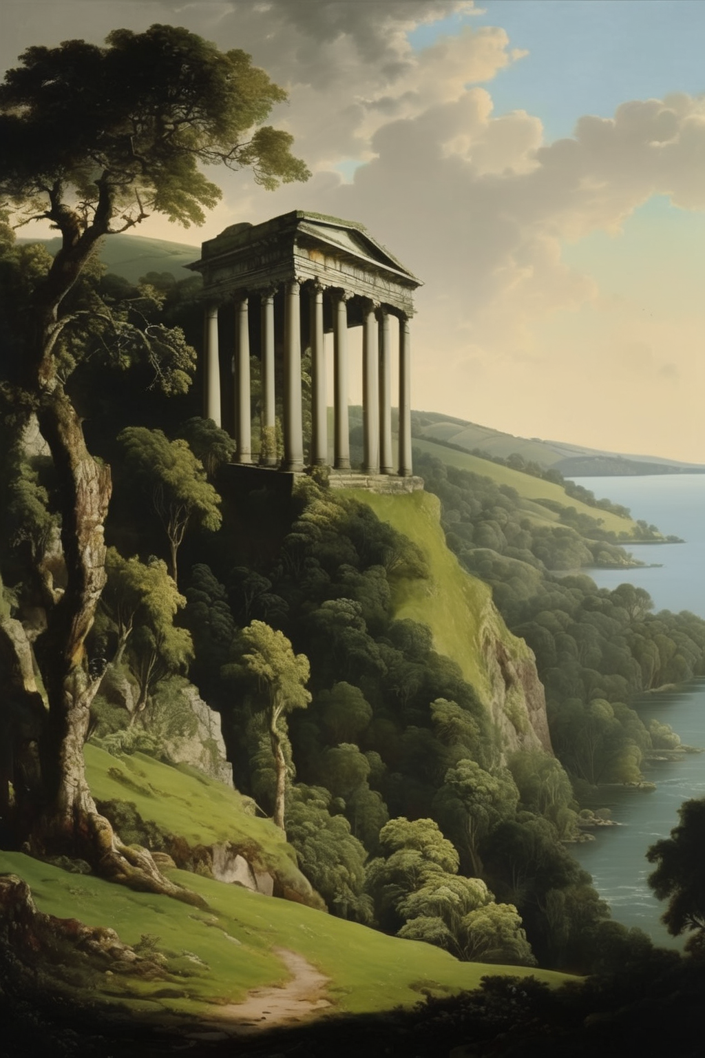 Joseph Wright Of Derby Style - 8k, stourhead, rolling green hills arcadian landscape with dark lush planting on the sides leading up to a seaside crumbling overgrown greek temple landscape folly tower on a rocky cliff