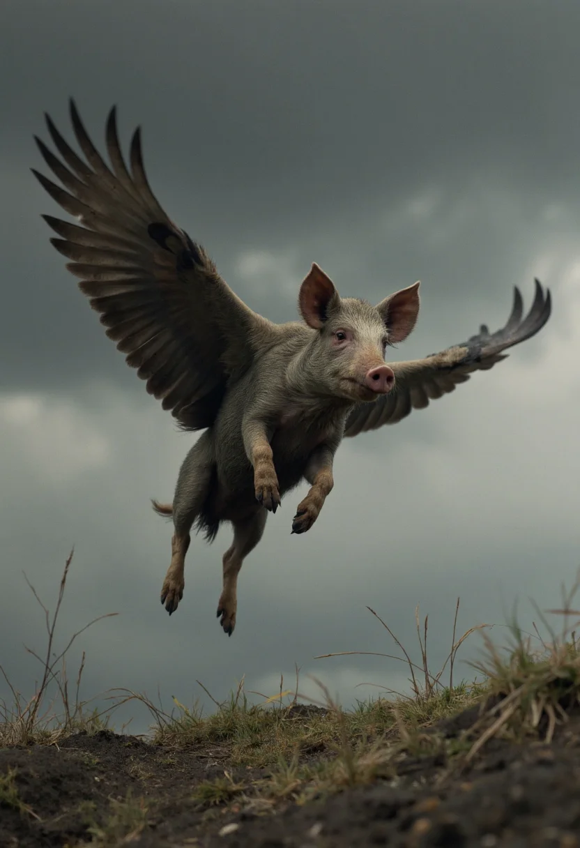 professional photography of a pig with long grey wings flying over the viewer, high above the ground, with detailed skin feathers and hair, dirty and muddy. Taken from below against a dark, cloudy sky, moving fast, dynamic, photorealistic, detailed, style of national geographic <lora:dark_cinematic_flux_1_0:1>