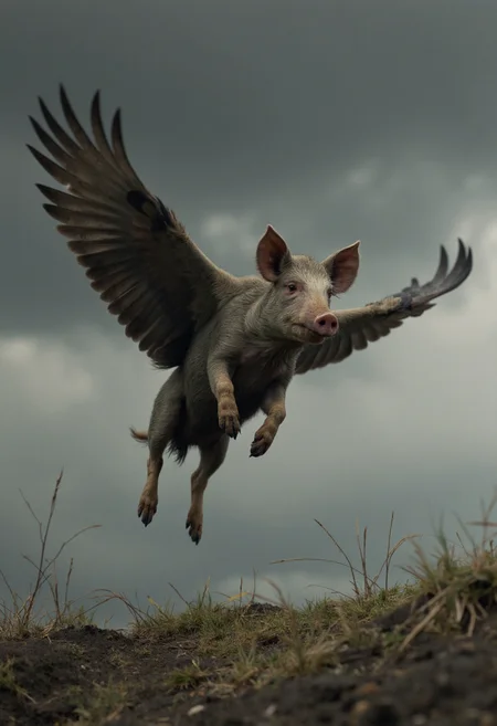 professional photography of a pig with long grey wings flying over the viewer, high above the ground, with detailed skin feathers and hair, dirty and muddy. Taken from below against a dark, cloudy sky, moving fast, dynamic, photorealistic, detailed, style of national geographic <lora:dark_cinematic_flux_1_0:1>