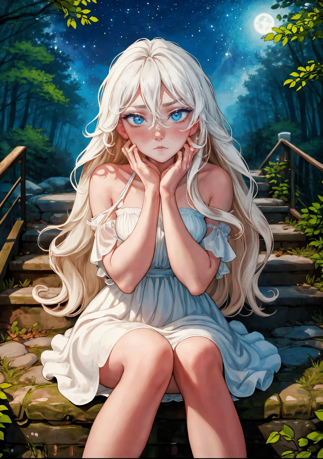 <lora:ARTSTYLE_AromaSensei_ownwaifu:1> ARTSTYLE_AromaSensei_ownwaifu
anime screencap, ultra high quality, girl, sitting on stairs, thoughtful pose, long flowing white hair, detailed face, contemplative expression, dark dress, night forest, starry sky with Milky Way, glowing fireflies, soft moonlight filtering through trees, ethereal glow, perfect anatomy, meticulously detailed hands, vibrant colors
<lora:add_detail:0.4>