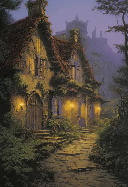 style of Ted Nasmith, score_9, score_8_up, score_8_up, ng_deepnegative_v1_75t, photo, realistic, 
A ghostly village lost to time, houses crumbling and streets overgrown with thorny vines. Lanterns glow softly, hung by unseen hands, lighting a path for the night s phantoms who parade in silent vigil. A mysterious well in the square whispers secrets to those who dare listen closely
, masterpiece, PYS-XL,