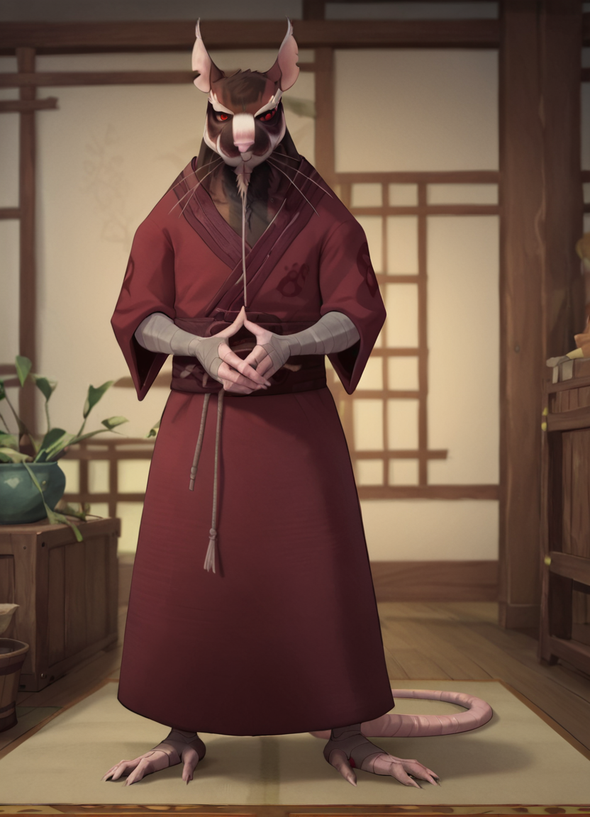 <lora:SplinterPony1.0:1> splinter, solo, no humans, rat, whiskers, 1boy, looking at viewer, bandages, animal focus, male focus, kimono, tail, standing, red eyes, animal ears, facial hair,full body,  looking at viewer, score_9, score_8_up, score_7_up, score_6_up, score_5_up, score_4_up
